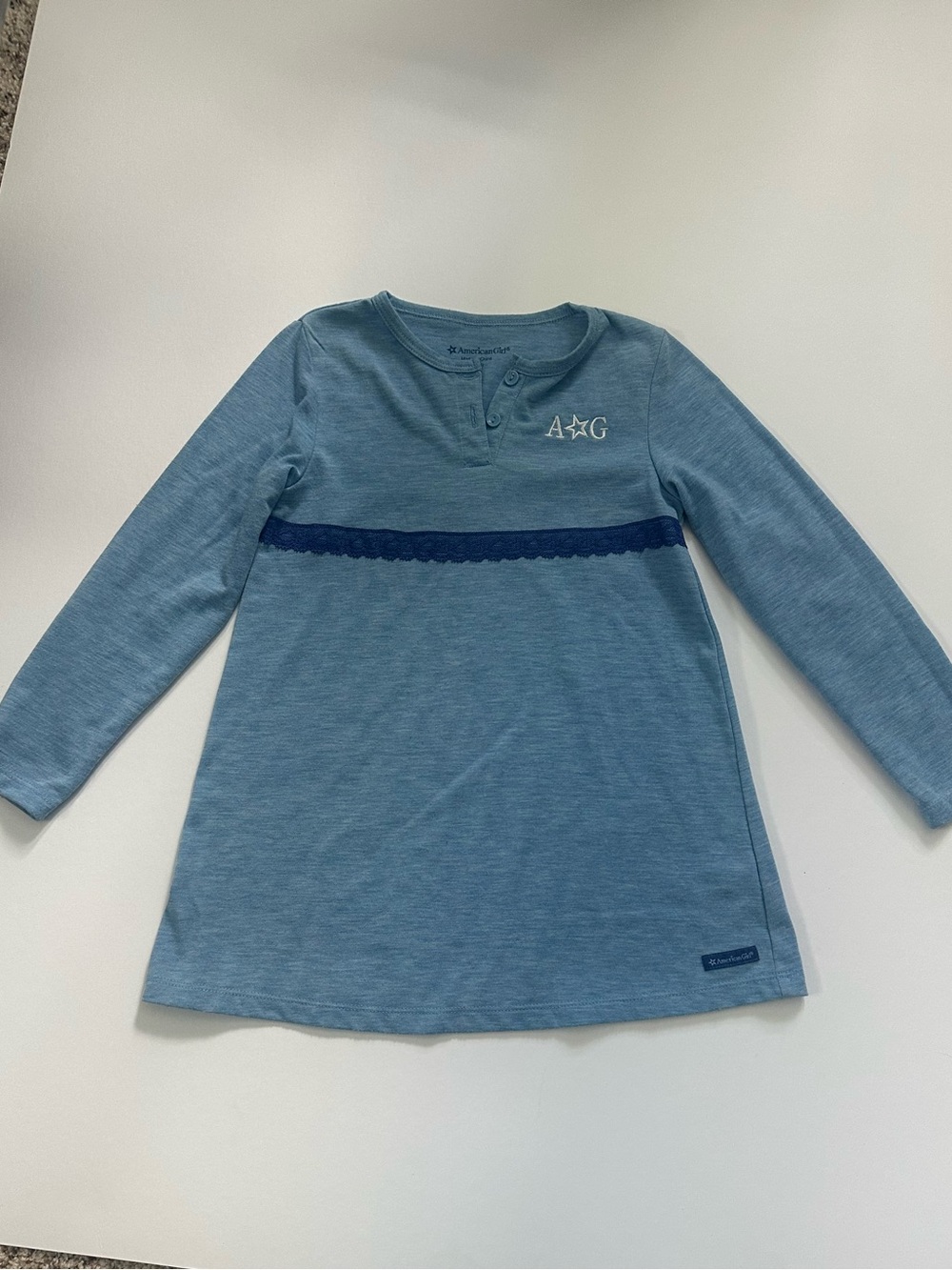 American Girl Girls Blue Long-Sleeve Lace-Trim dress xs 6